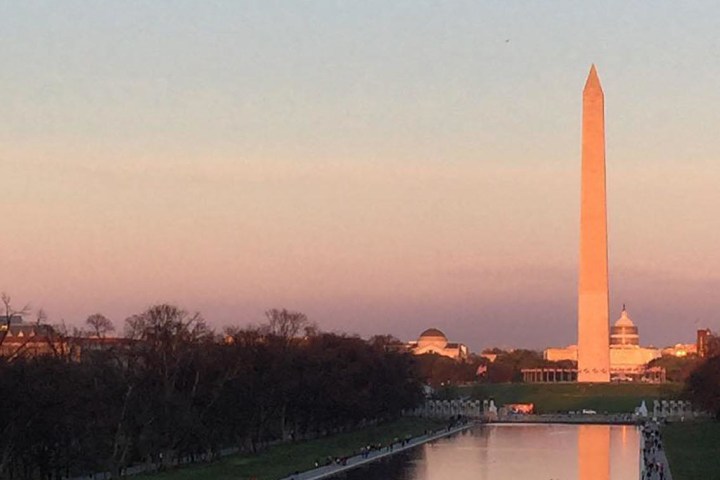 a view of a city at sunset